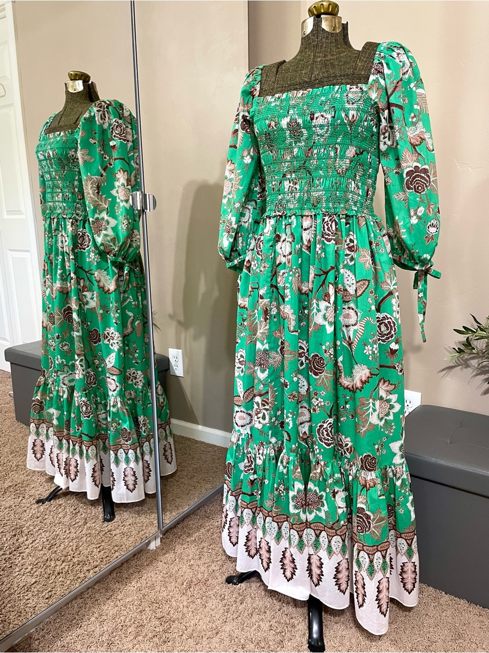 Cara Cara Jazzy Midi Dress Green Floral Smocked Puff Sleeve Cotton Cottagecore - Picture 5 of 16